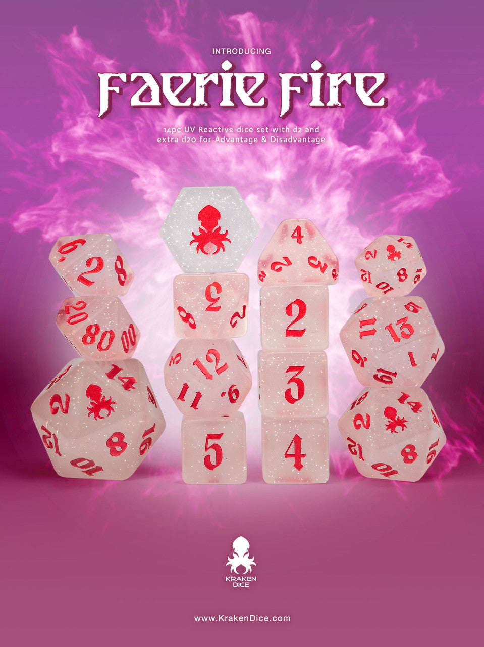 Faerie Fire 14pc UV Reactive Dice Set for inked in Red